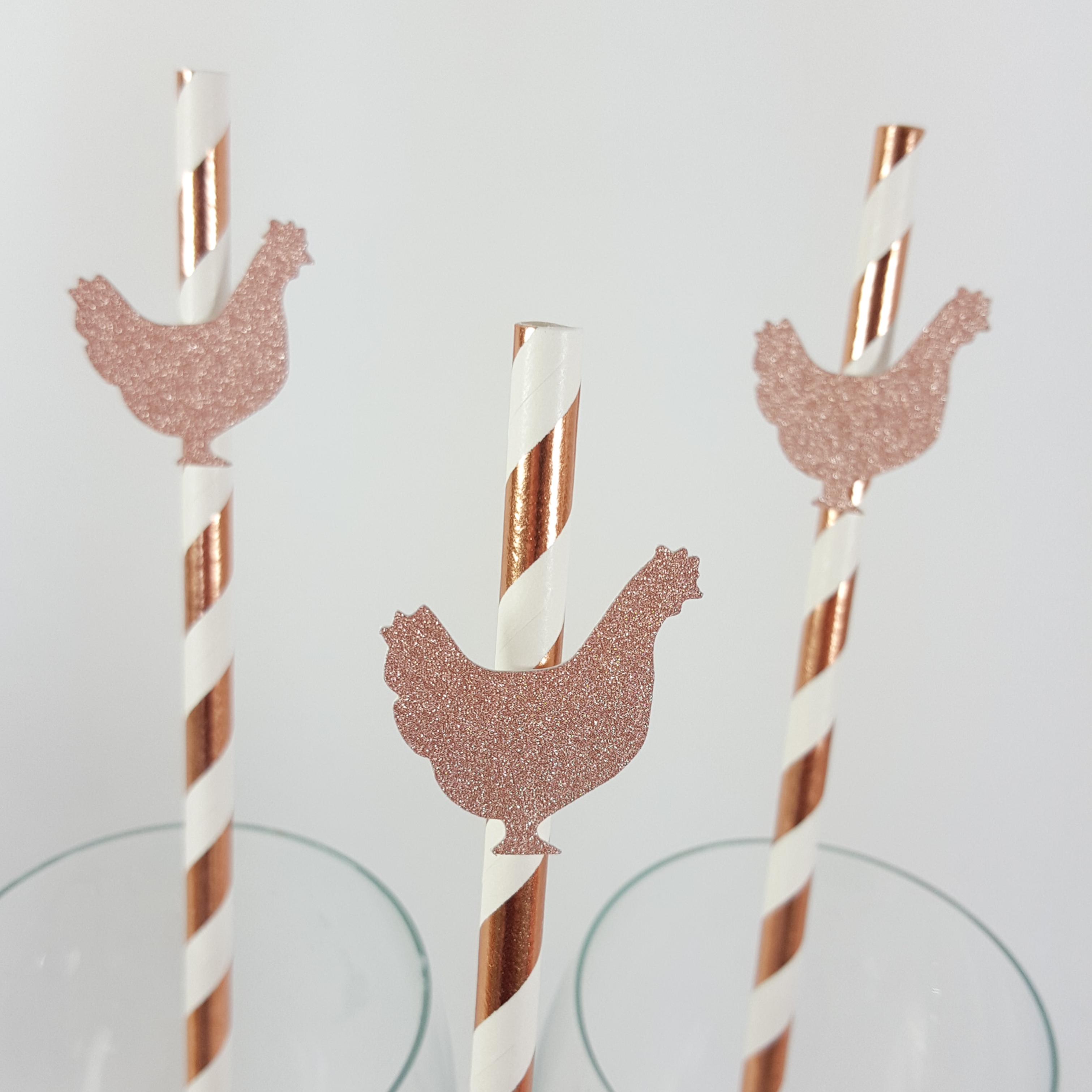 Rose gold glitter hen shaped straws