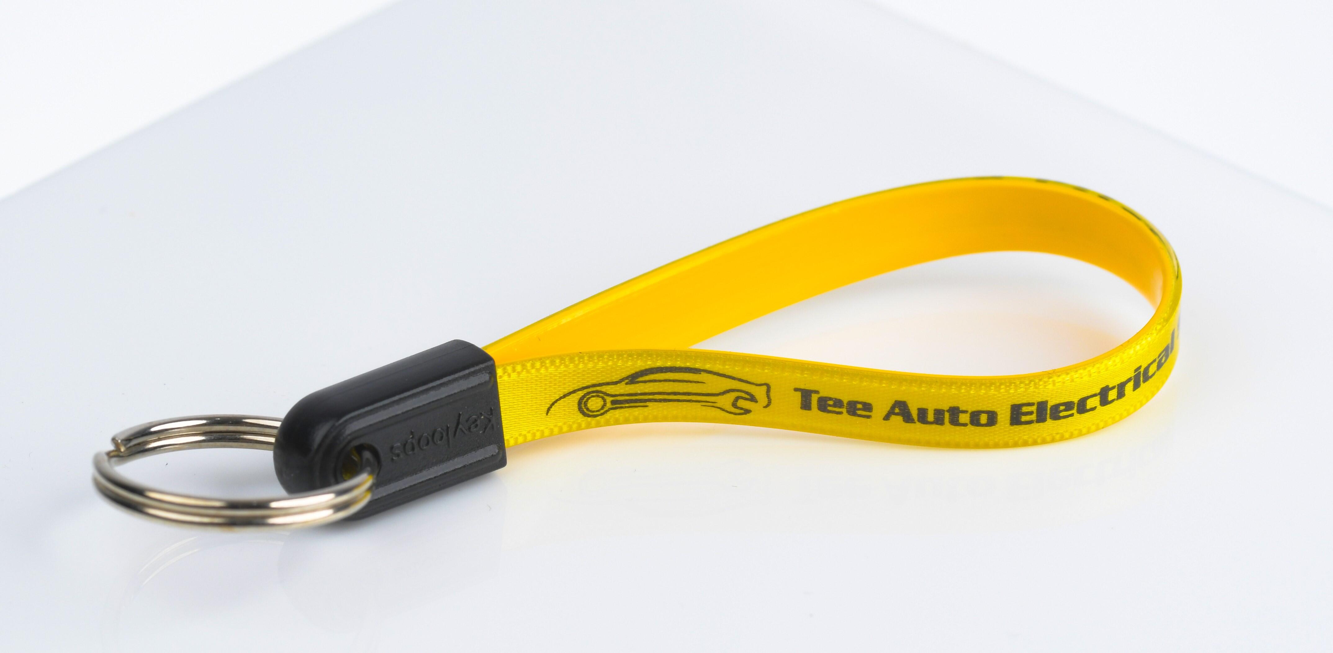 Custom logo printed yellow and black keyring adloop keyring