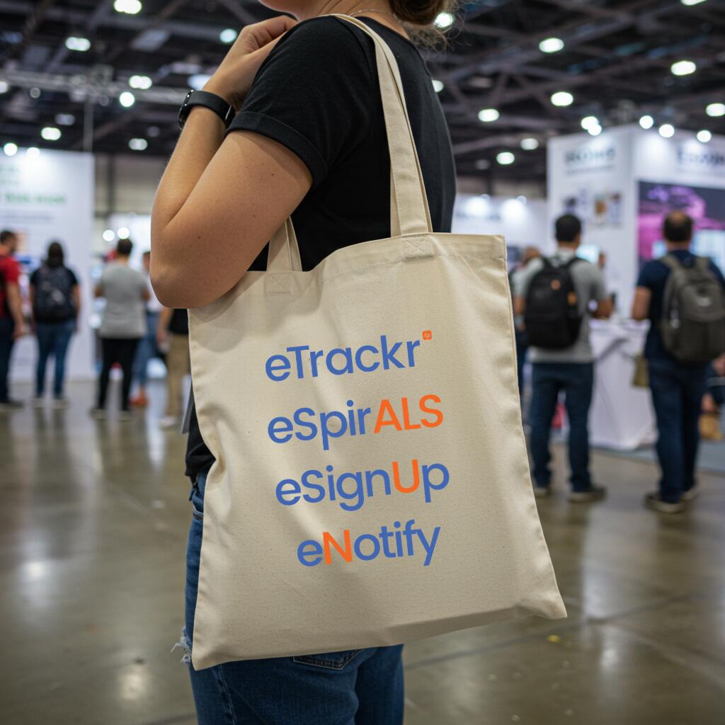Logo printed tote bags in an exhibition hall at an event or trade show