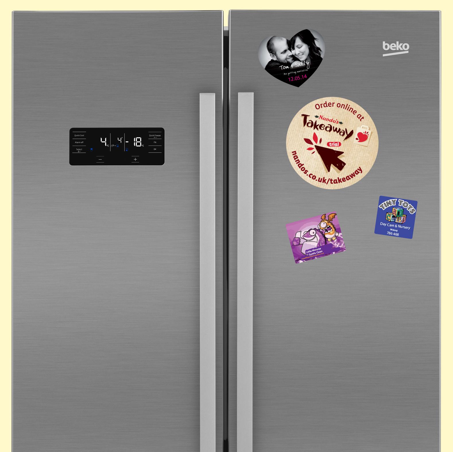 Your design onto custom printed fridge magnets