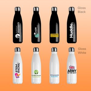 Gloss black and glossy white full colour logo printed customised drinks bottles