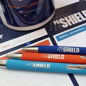 Mirror Chrome Effect engraving onto soft feel pen mirror finish logo