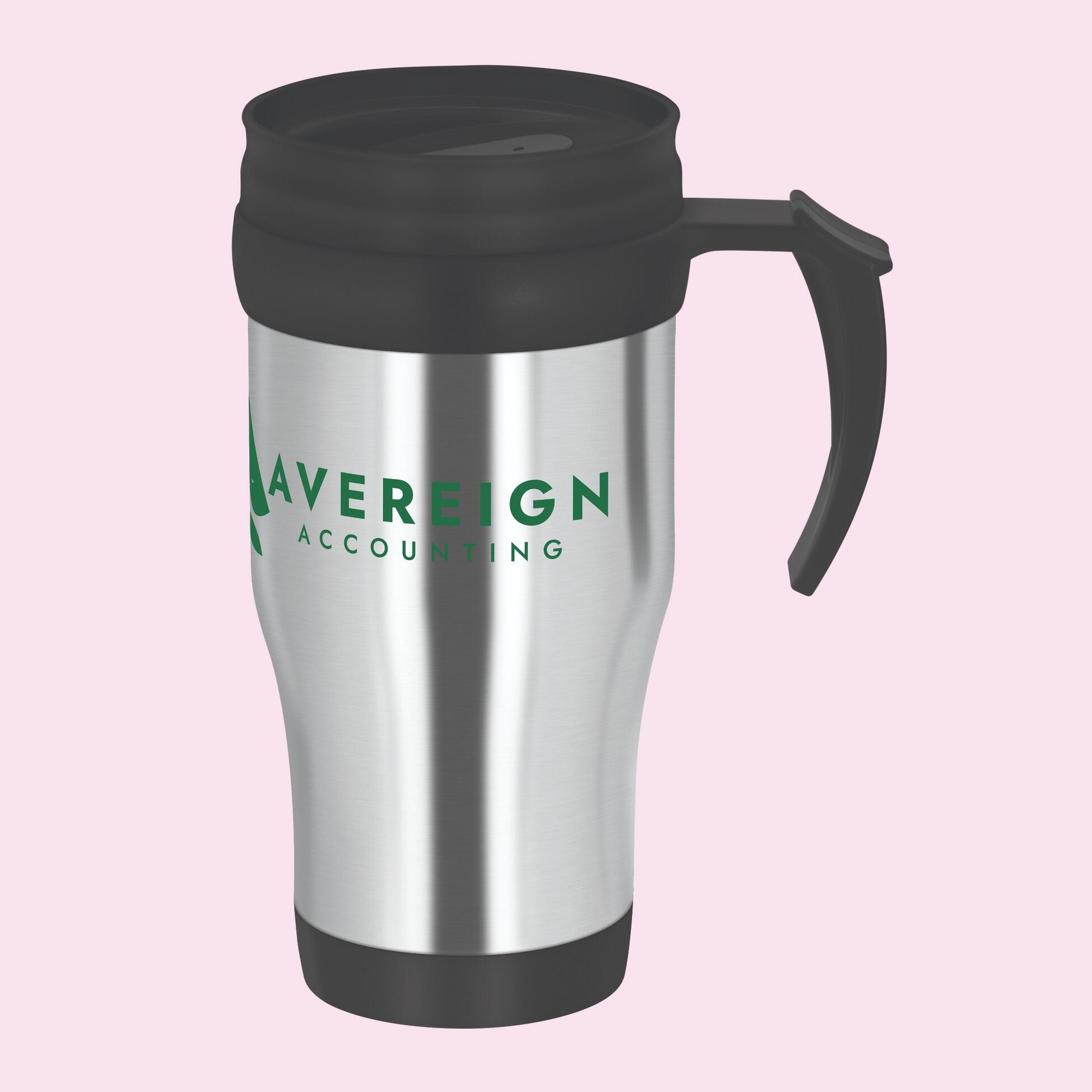 Travel flask mug with black handle
