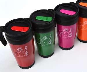 Vibrant colours of travel mug branded with your logo