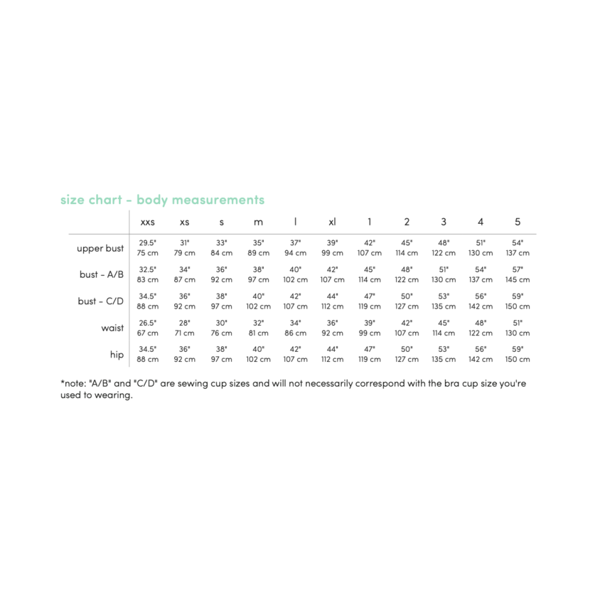 Trillium Dress Pattern Size Chart