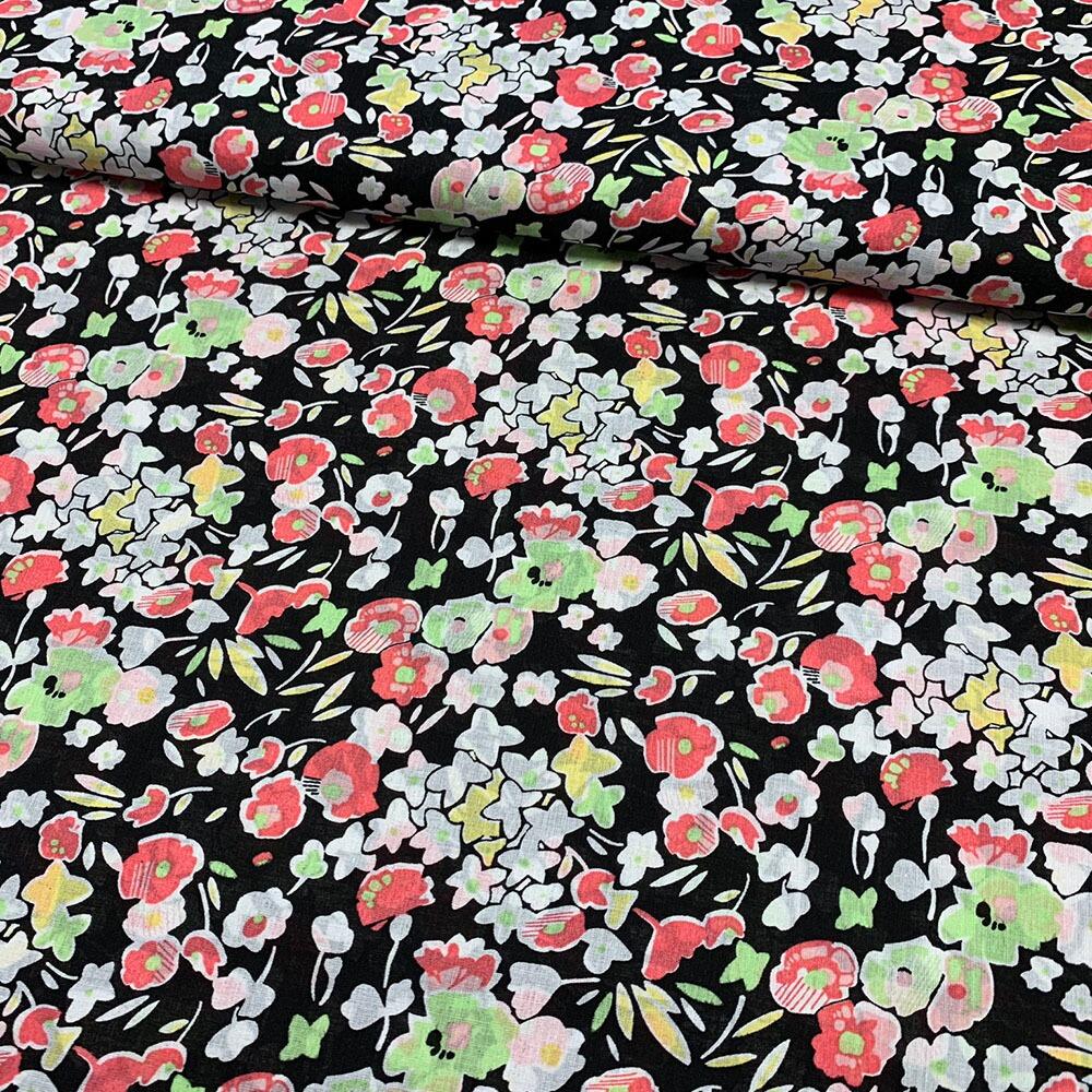 Black Cotton Lawn Flower Design Fabric