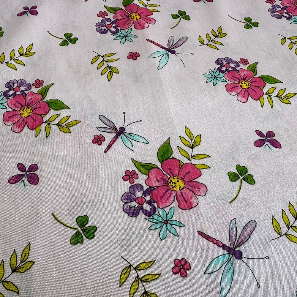Dragonfly and Flowers Cotton Poplin Fabric