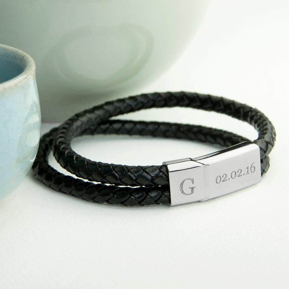 Personalised Mens Black Leather Woven Bracelet | GiftsMart