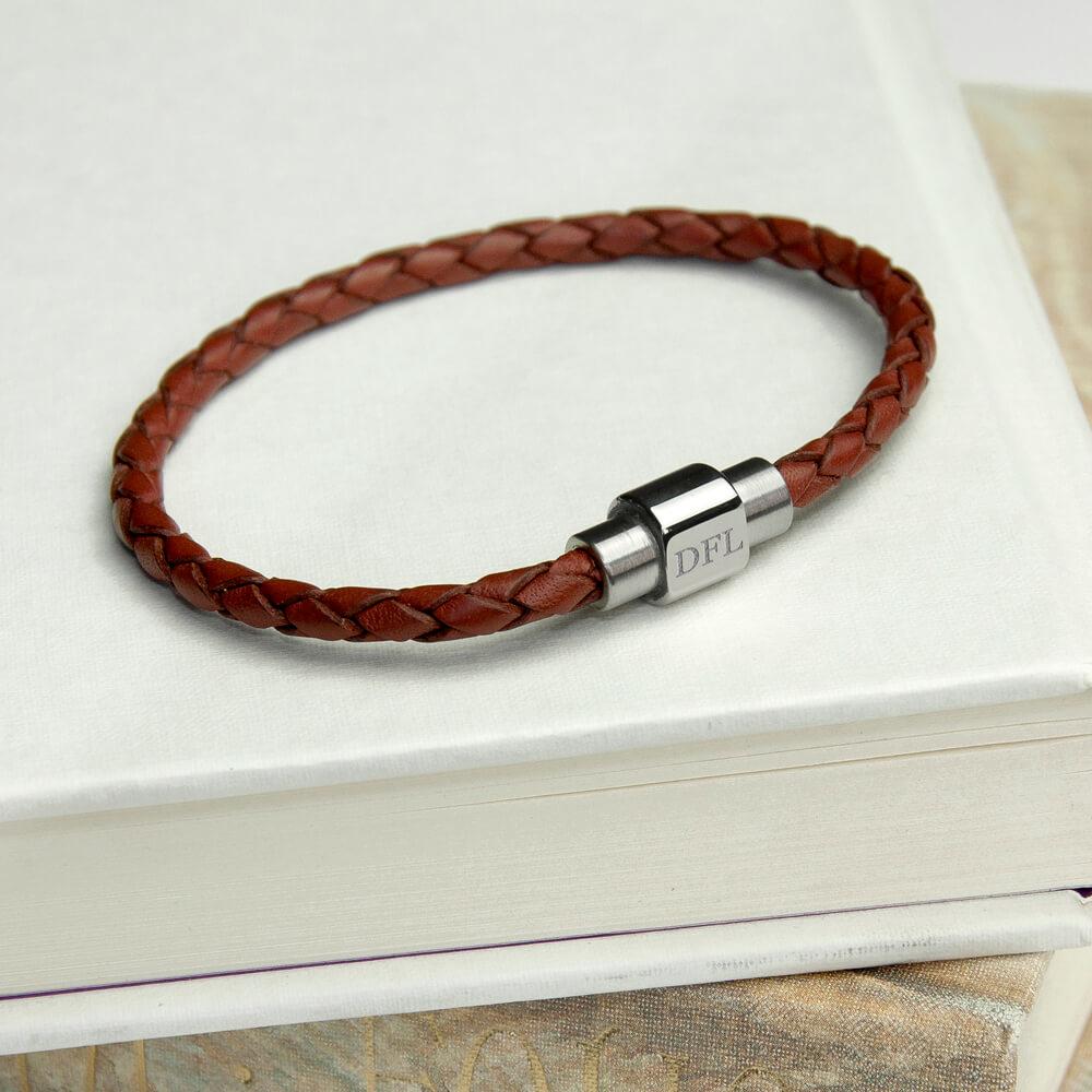 Burnt Sienna Mens Personalised Leather Woven Bracelet - GiftsMart