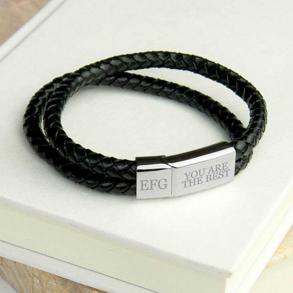 Personalised Mens Black Leather Woven Bracelet GiftsMart