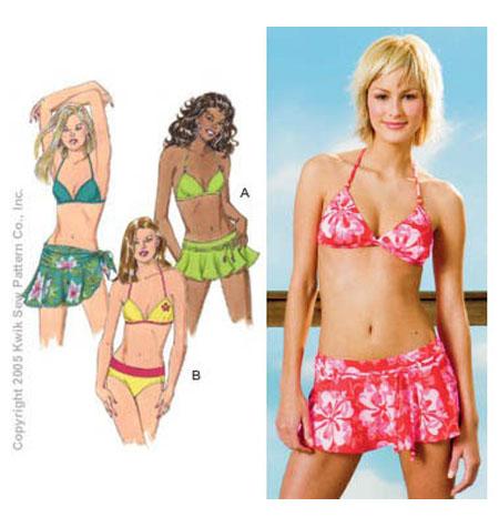 OUT OF PRINT - Pattern - Kwik Sew - Misses - 2 Piece Swimsuits/Bikinis,  Skirt & Top XS-XL (K2963), each