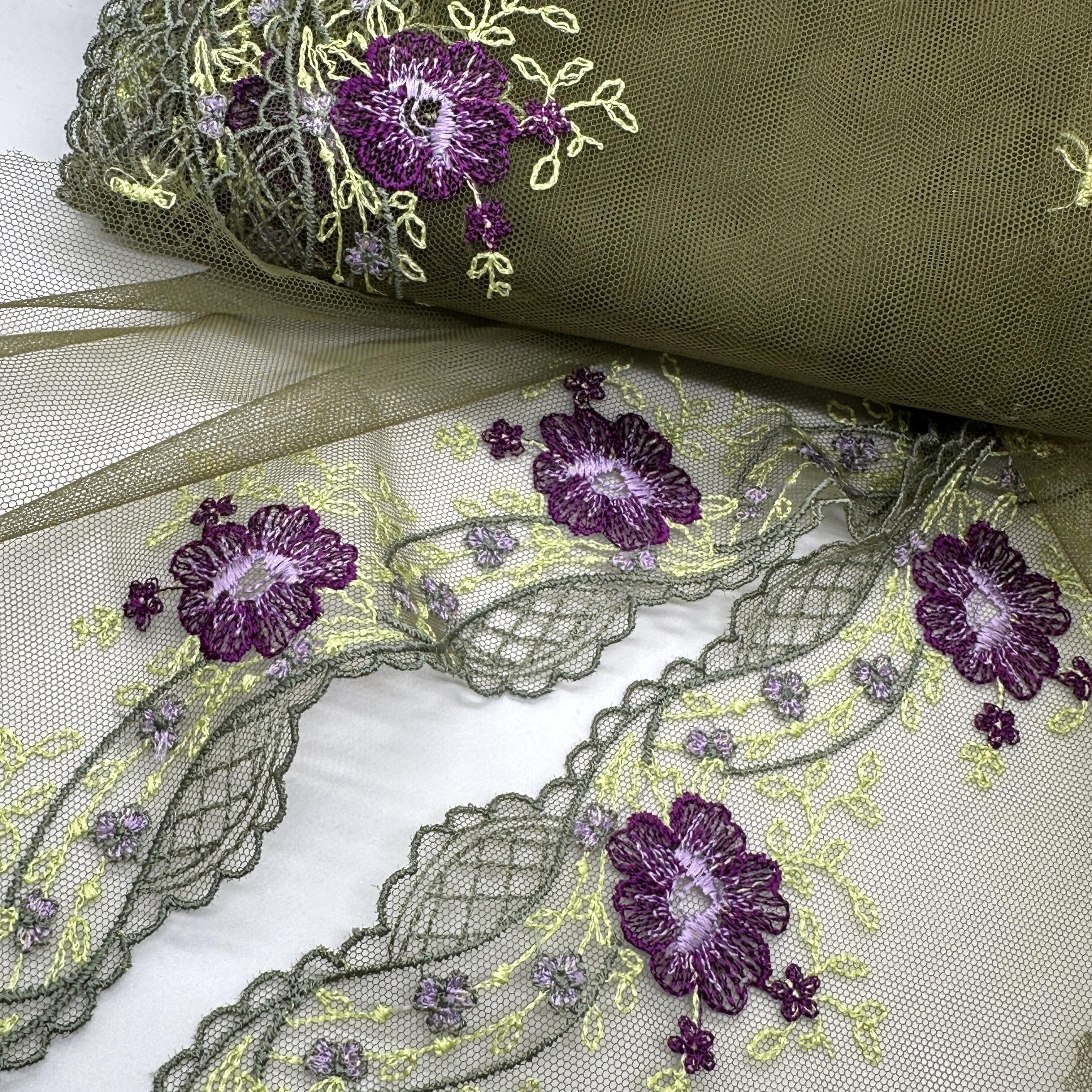 TULLE EMBROIDERY LACE MA-1 最終値下げ Multi-Floral Paired-Edge Rigid Lace Tulle – Olive/Lilac – Per Metre