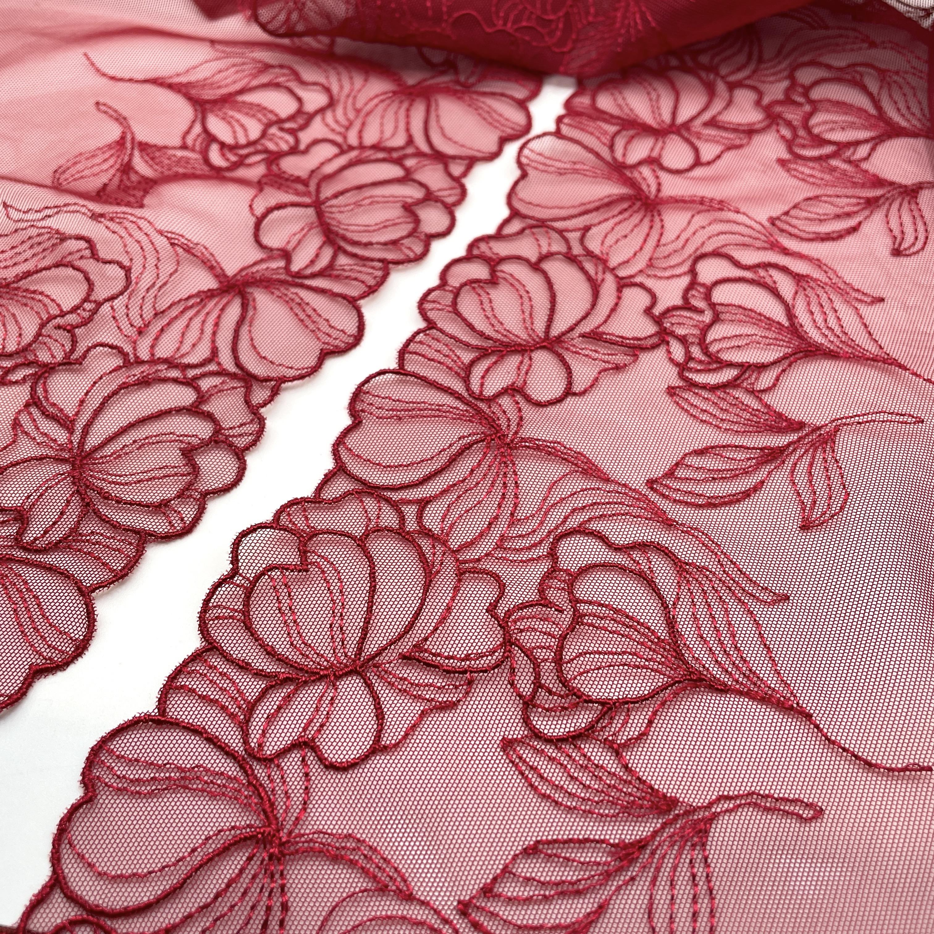 Lace Tulle - HV500951 - DARK RED - Stretch - PAIRED Edge - 16cm wide per  metre (50cm left, 50cm right)