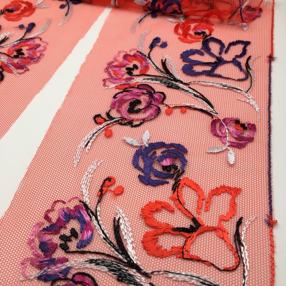 Lace Tulle - Forster Rohner - Non-stretch Insert Net Edge - FEVER RED Multi  Floral, 11cm wide, per metre (50cm L & 50cm R)