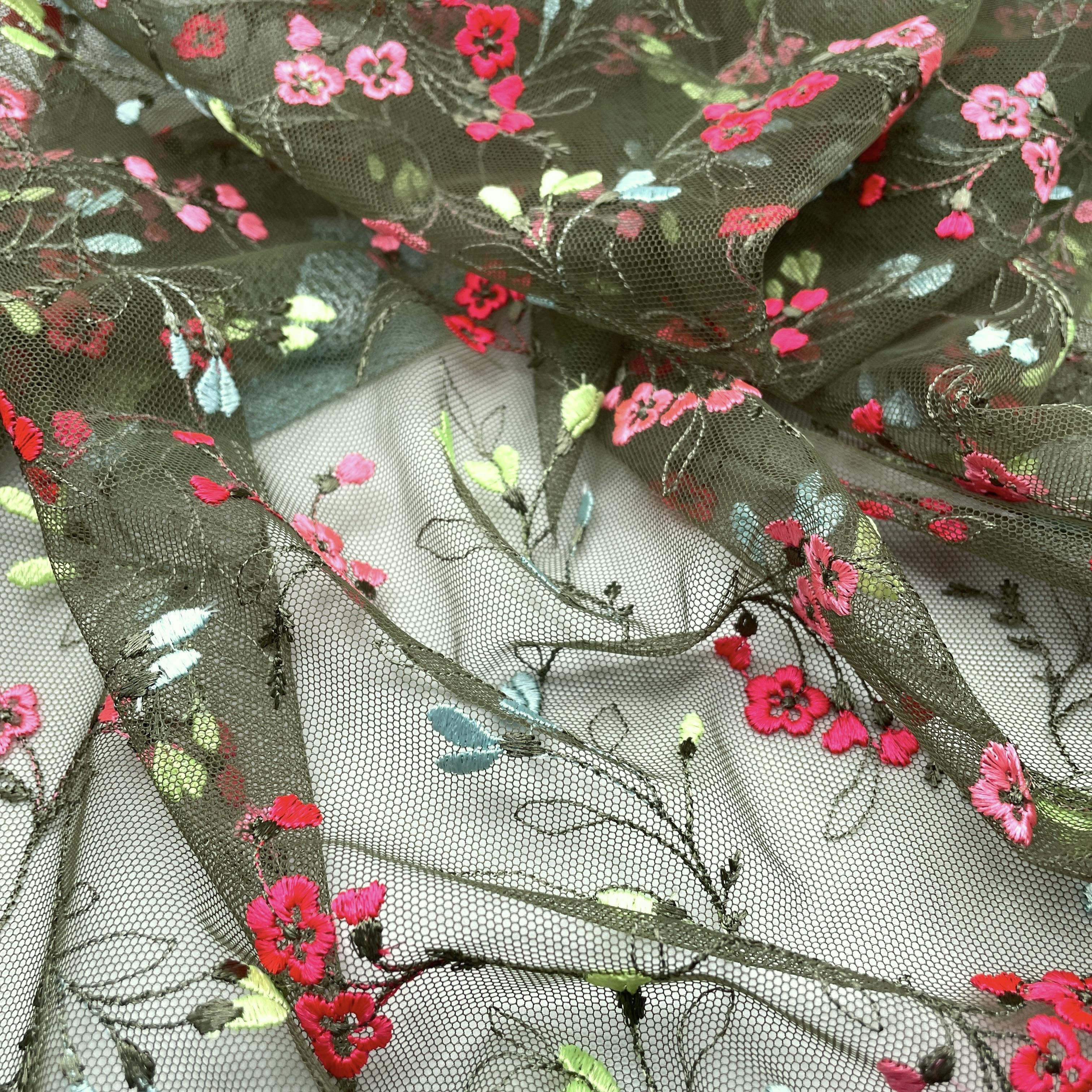 OLIVE Multi embroidered Allover Floral Tulle Fabric (Forster Rohner 4240R)  - Rigid (non-stretch)