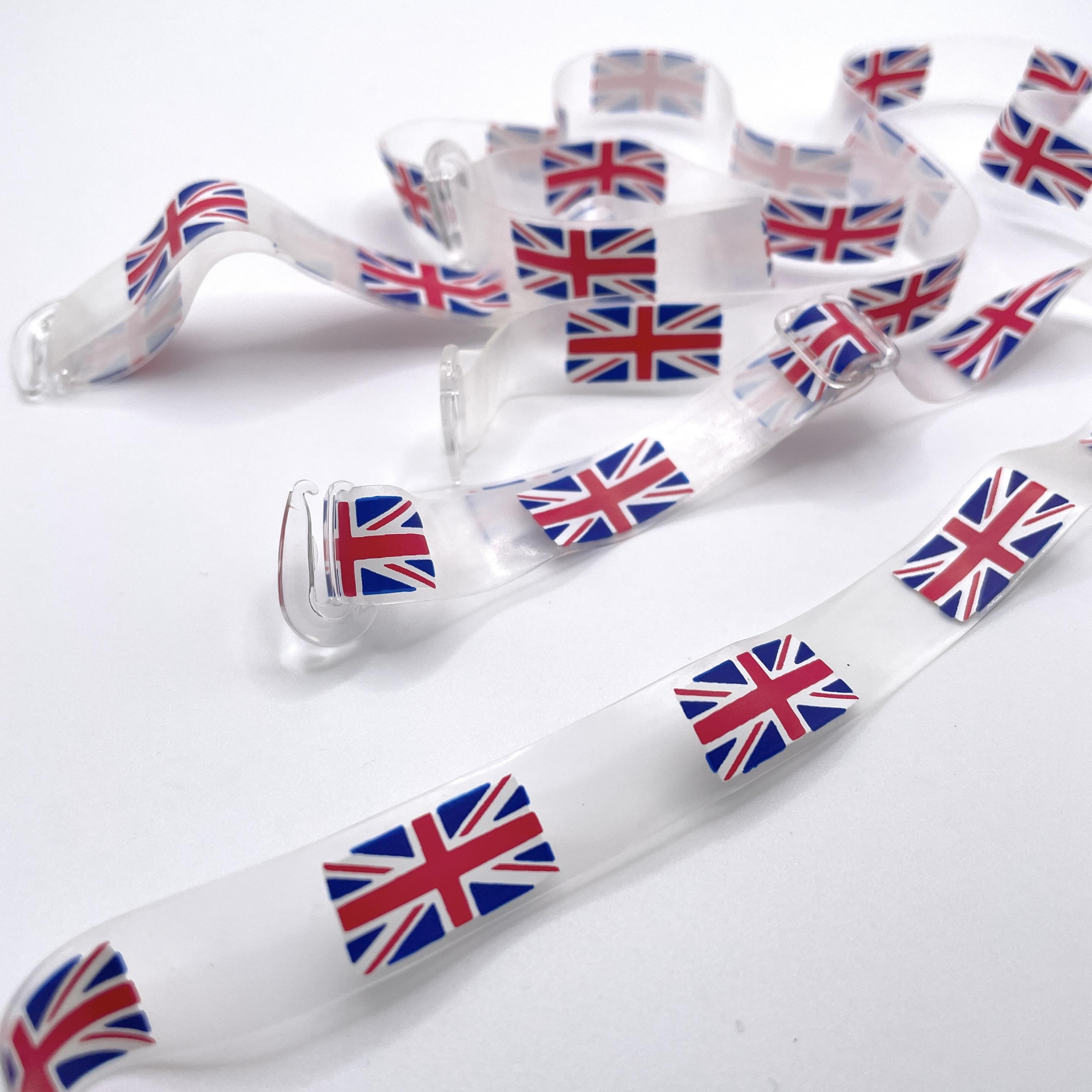 Bra Straps - Hook on - Replacement (48cm) - Clear Plastic with Union Jack  print, Clear plastic Fittings - 12mm - UK/ENGLAND - Clear/Red/White/Blue,  per pair
