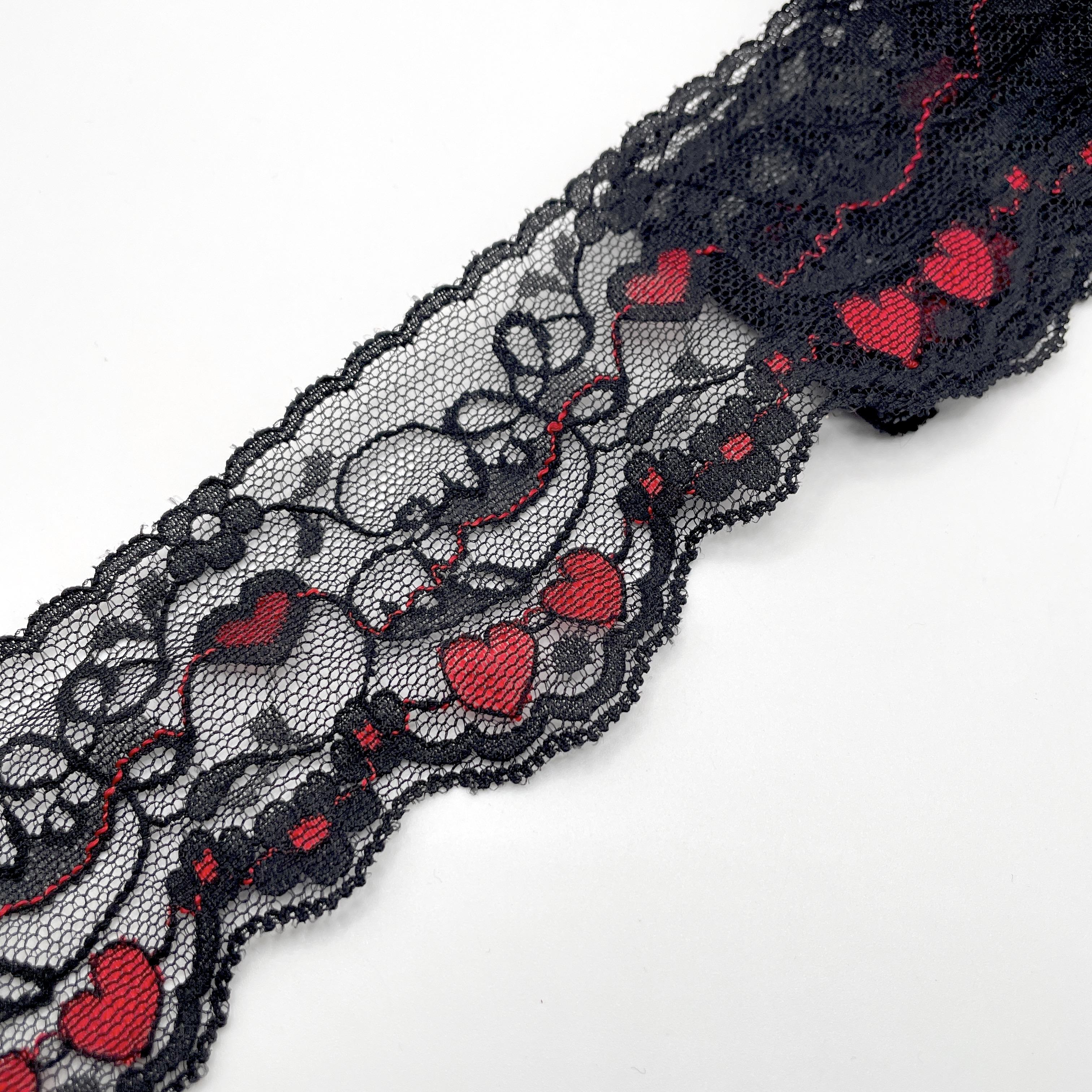 Lace - non-stretch - Straight/Scallop Edge - Vintage 1363 - 60mm wide -  BLACK/RED heart, per metre