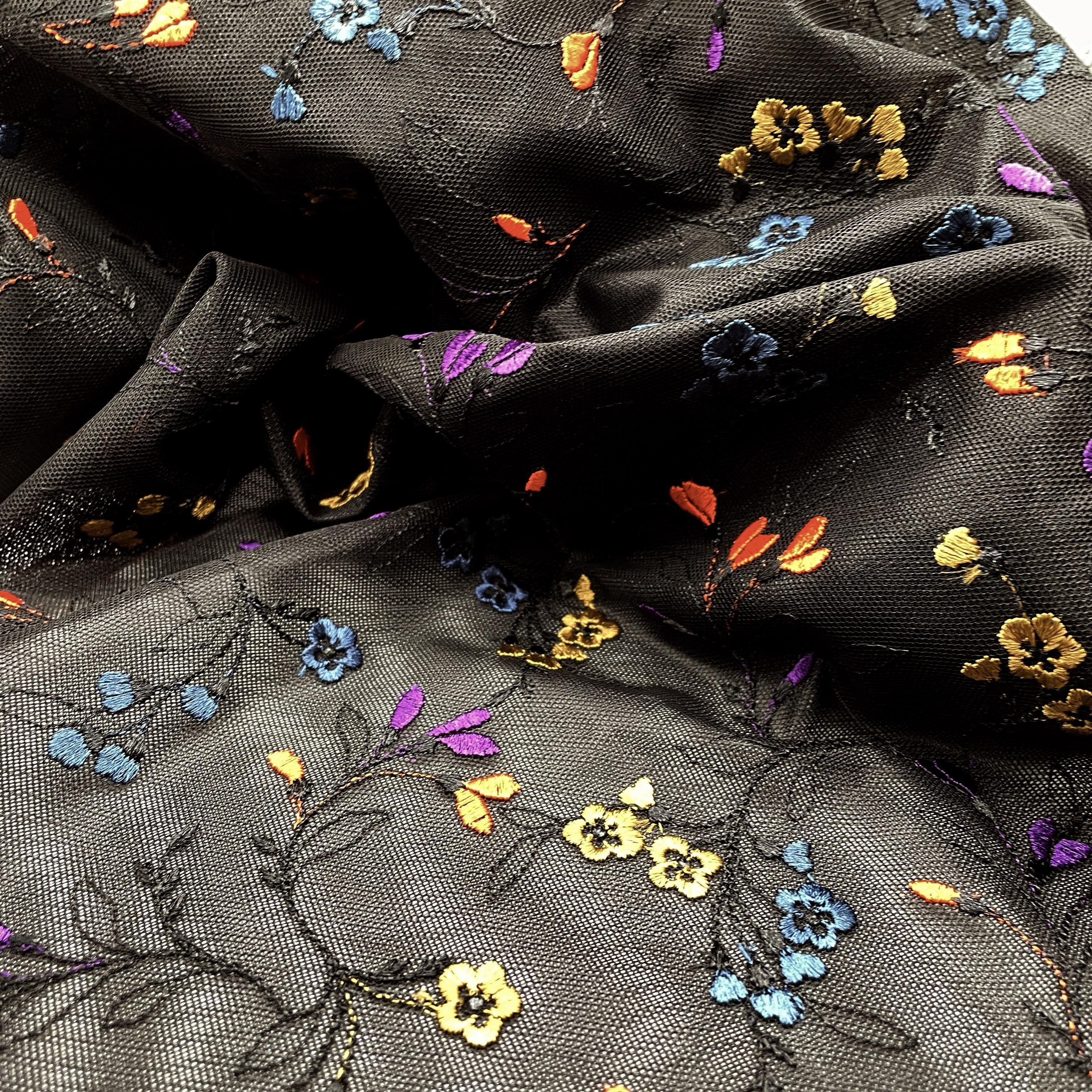 BLACK Multi embroidered Allover Floral Tulle Fabric (Forster Rohner 4240L)  - Laminated to Sheer liner (210gsm)