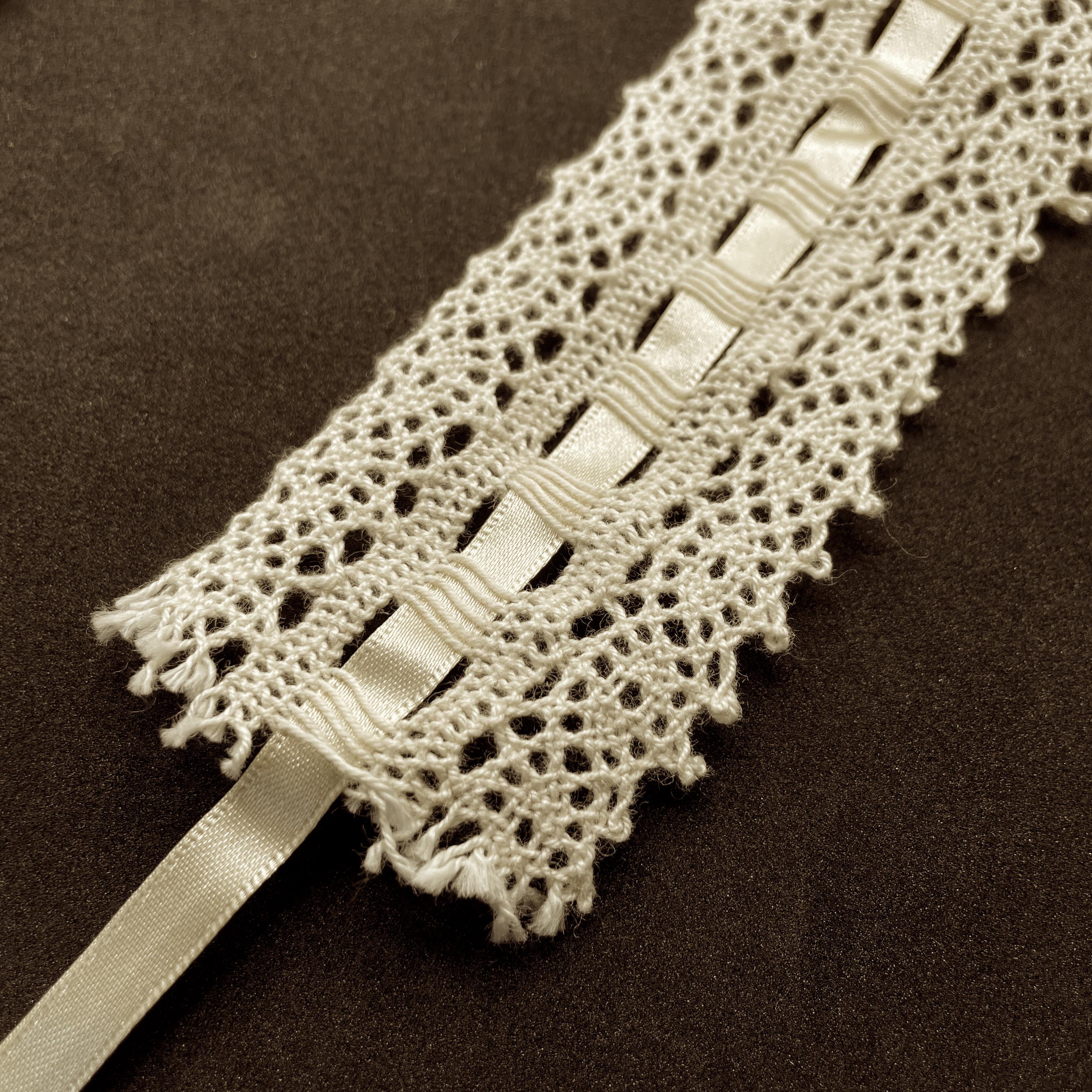 Eyelet Lace - Trim - English - 100% Cotton threaded with Centred 7mm ribbon  (695) - 42mm wide, per metre