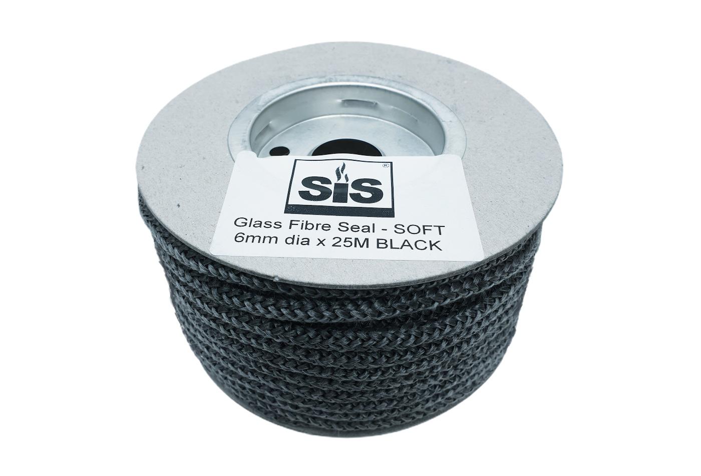 A 25 metre reel of black 6mm soft stove rope - product code RS625b