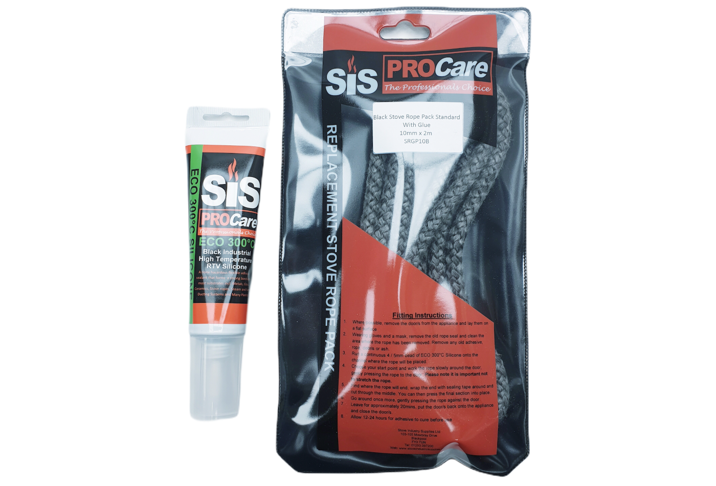 SiS Procare Black 10 milimetre x 2 metre Black Standard Stove Rope & 80 millilitre Rope Glue Pack - product code SRGP10B