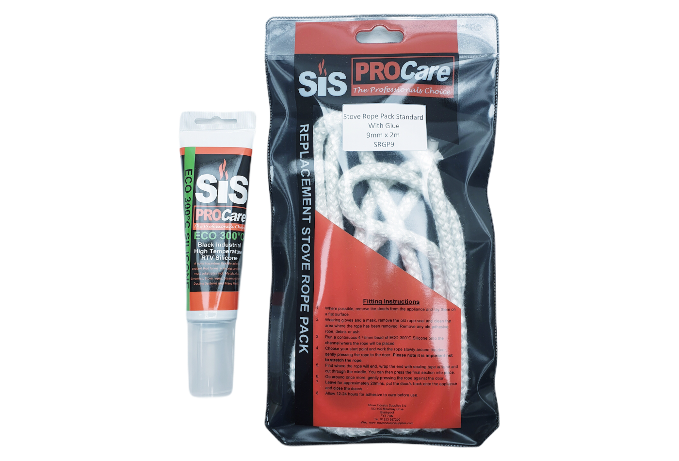 SiS Procare White 9 milimetre x 2 metre Standard Stove Rope & 80 millilitre Rope Glue Pack - product code SRGP9