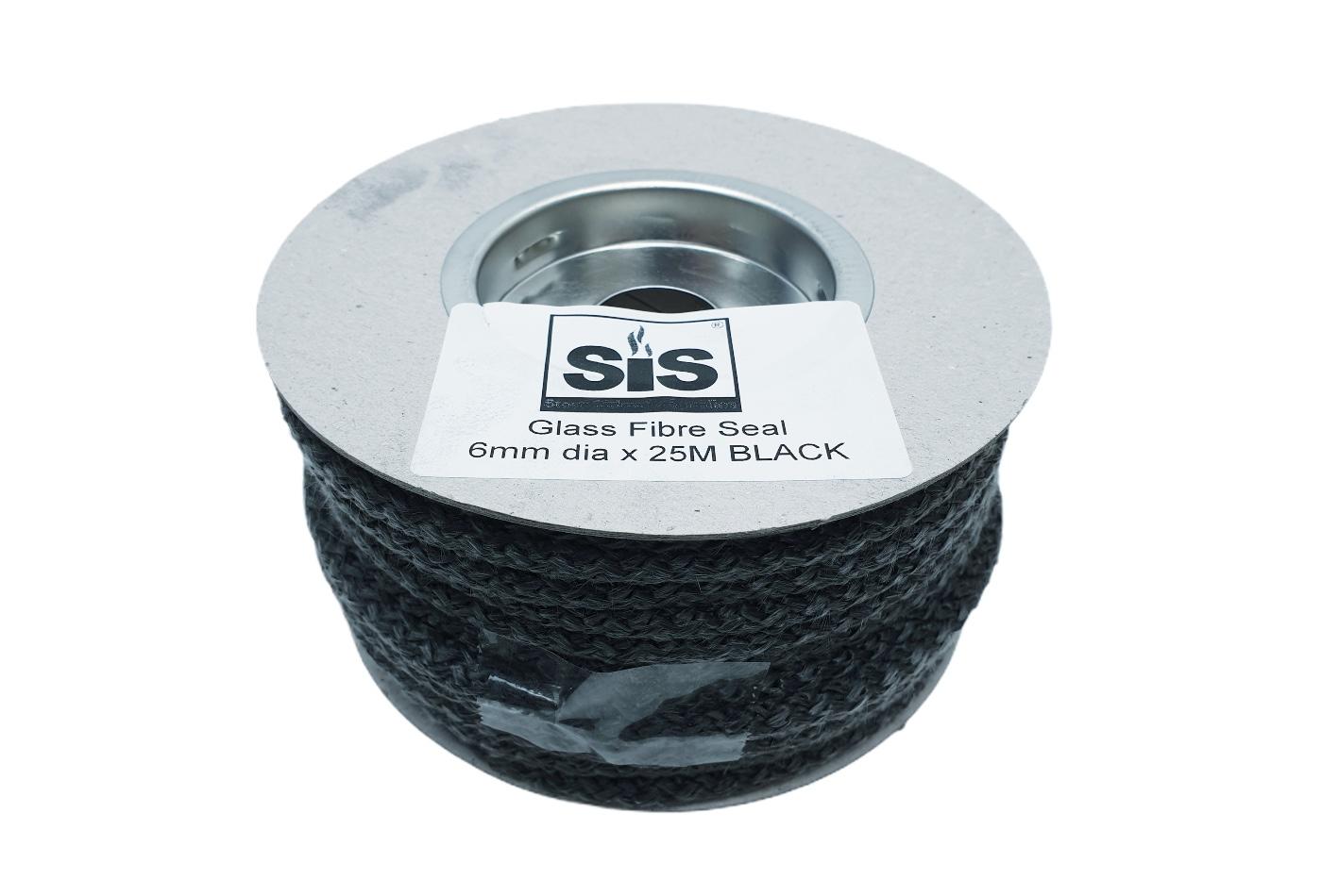 A 25 metre reel of black 6mm standard stove rope - product R625b