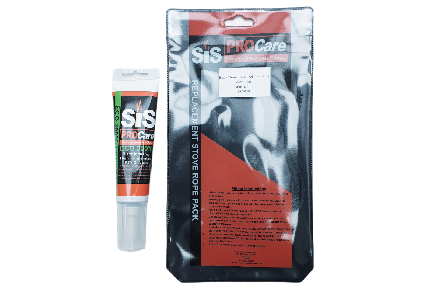 SiS Procare Black 3 milimetre x 2 metre Black Standard Stove Rope & 80 millilitre Rope Glue Pack - product code SRGP3B