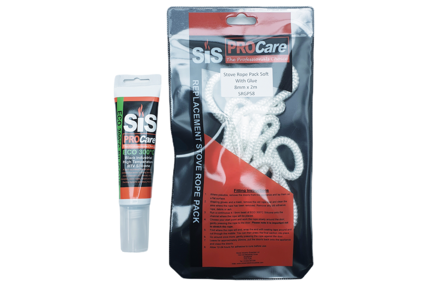 SiS Procare White 8 milimetre x 2 metre Soft Stove Rope & 80 millilitre Rope Glue Pack - product code SRGPS8