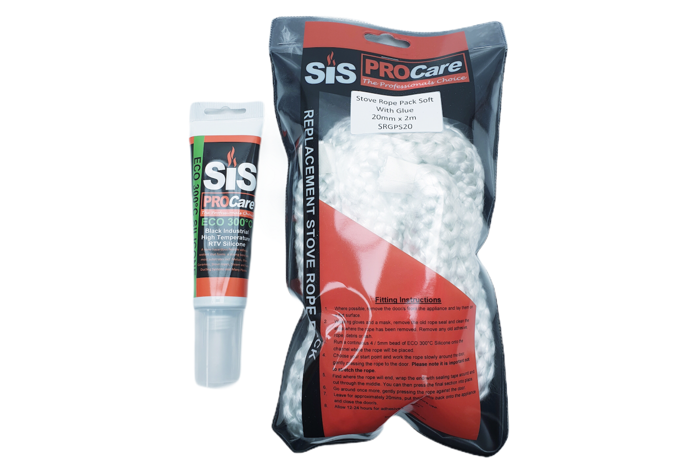 SiS Procare White 20 milimetre x 2 metre Soft Stove Rope & 80 millilitre Rope Glue Pack - product code SRGPS20