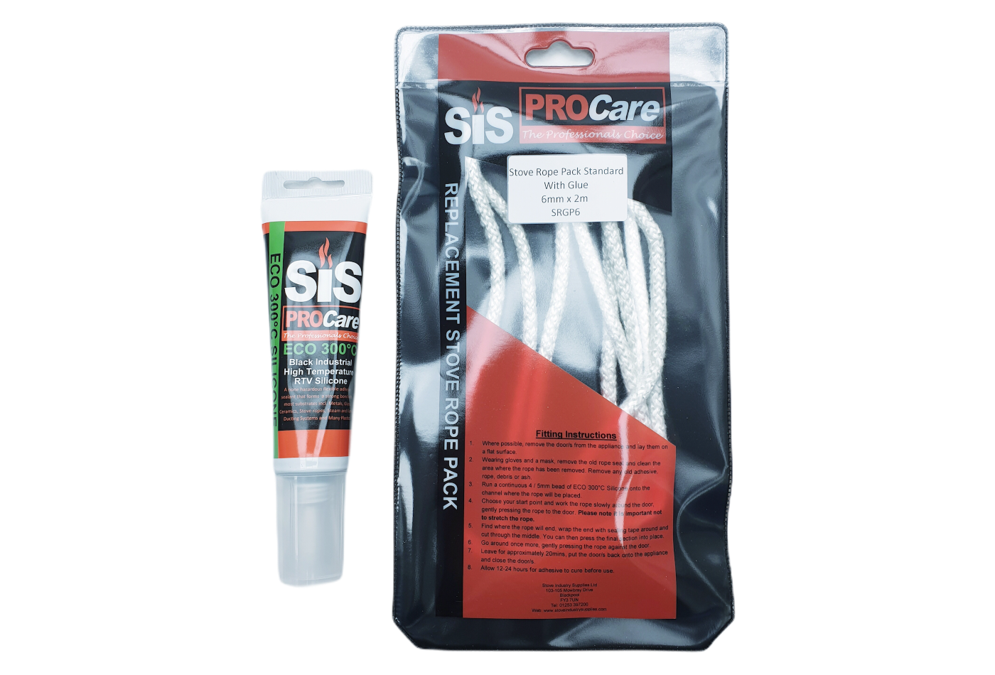 SiS Procare White 6 milimetre x 2 metre Standard Stove Rope & 80 millilitre Rope Glue Pack - product code SRGP6