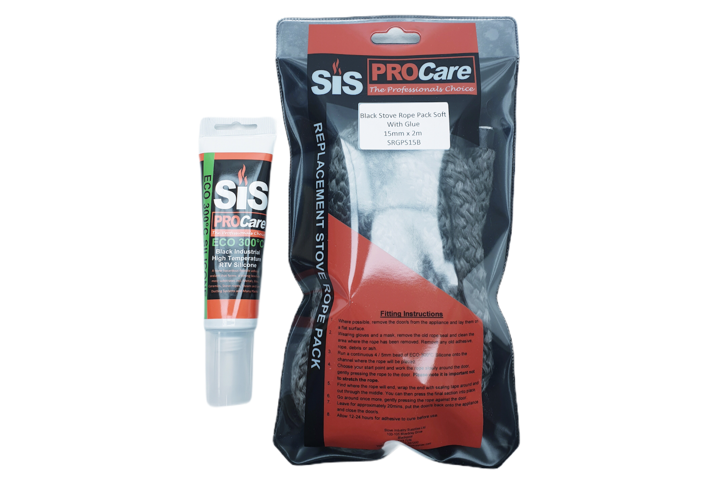 SiS Procare Black 15 milimetre x 2 metre Black Soft Stove Rope & 80 millilitre Rope Glue Pack - product code SRGPS15B