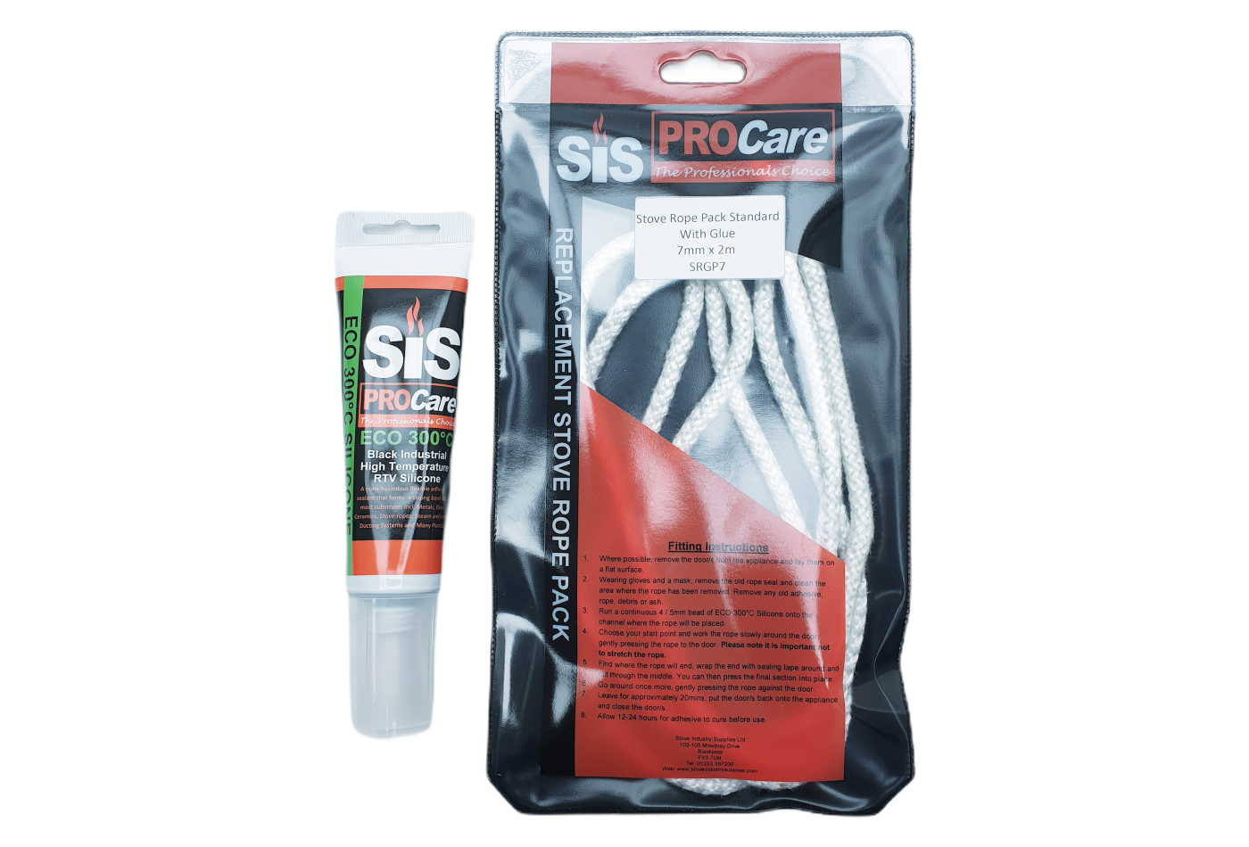 SiS Procare White 7 milimetre x 2 metre Standard Stove Rope & 80 millilitre Rope Glue Pack - product code SRGP7