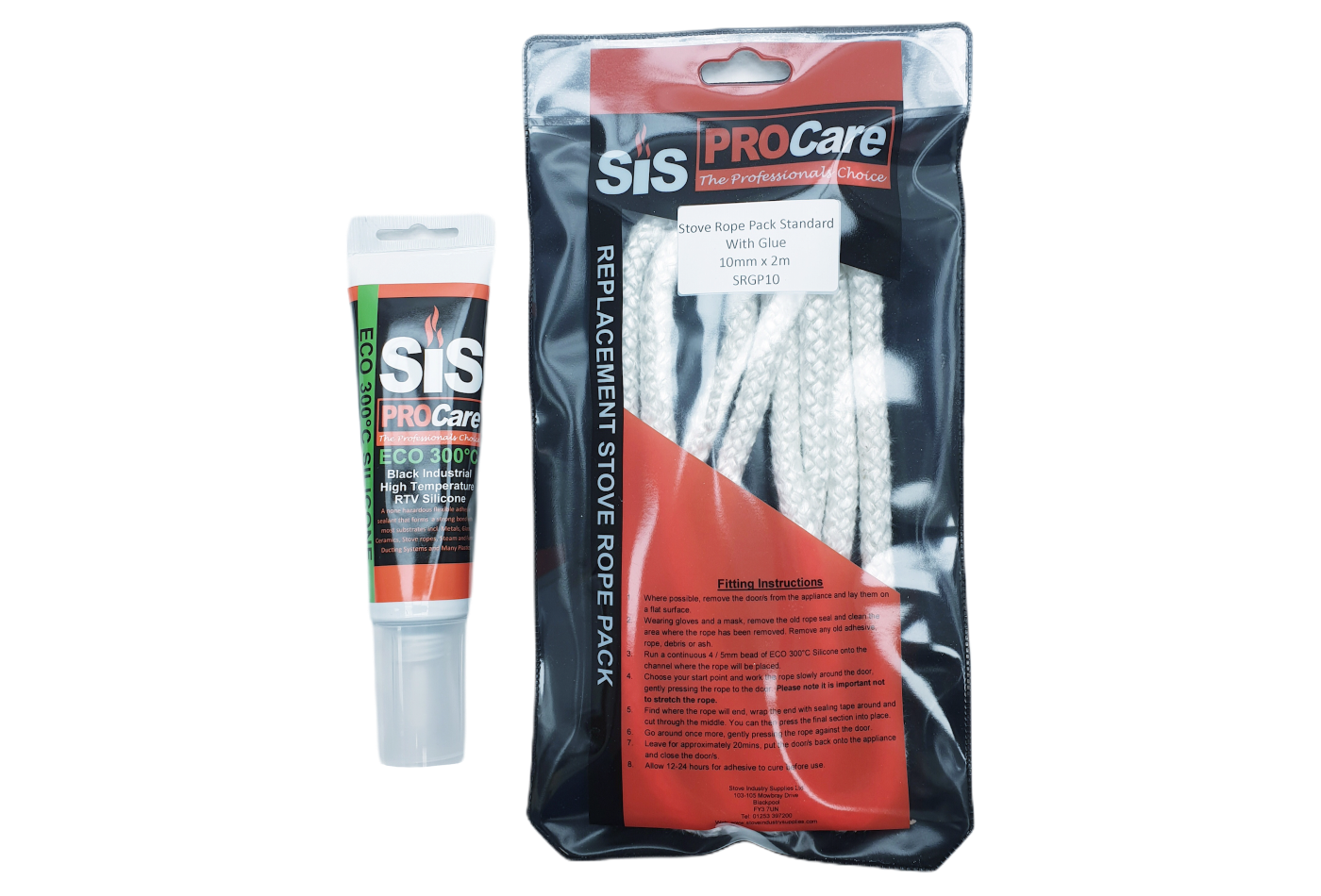 SiS Procare White 10 milimetre x 2 metre Standard Stove Rope & 80 millilitre Rope Glue Pack - product code SRGP10