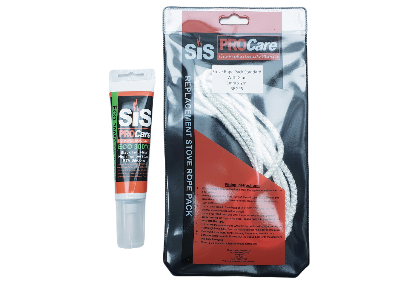 SiS Procare White 5 milimetre x 2 metre Standard Stove Rope & 80 millilitre Rope Glue Pack - product code SRGP5