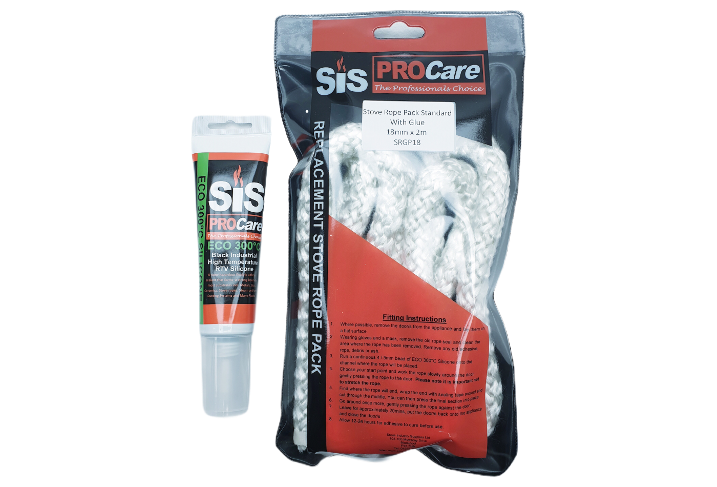 SiS Procare White 18 milimetre x 2 metre Standard Stove Rope & 80 millilitre Rope Glue Pack - product code SRGP18
