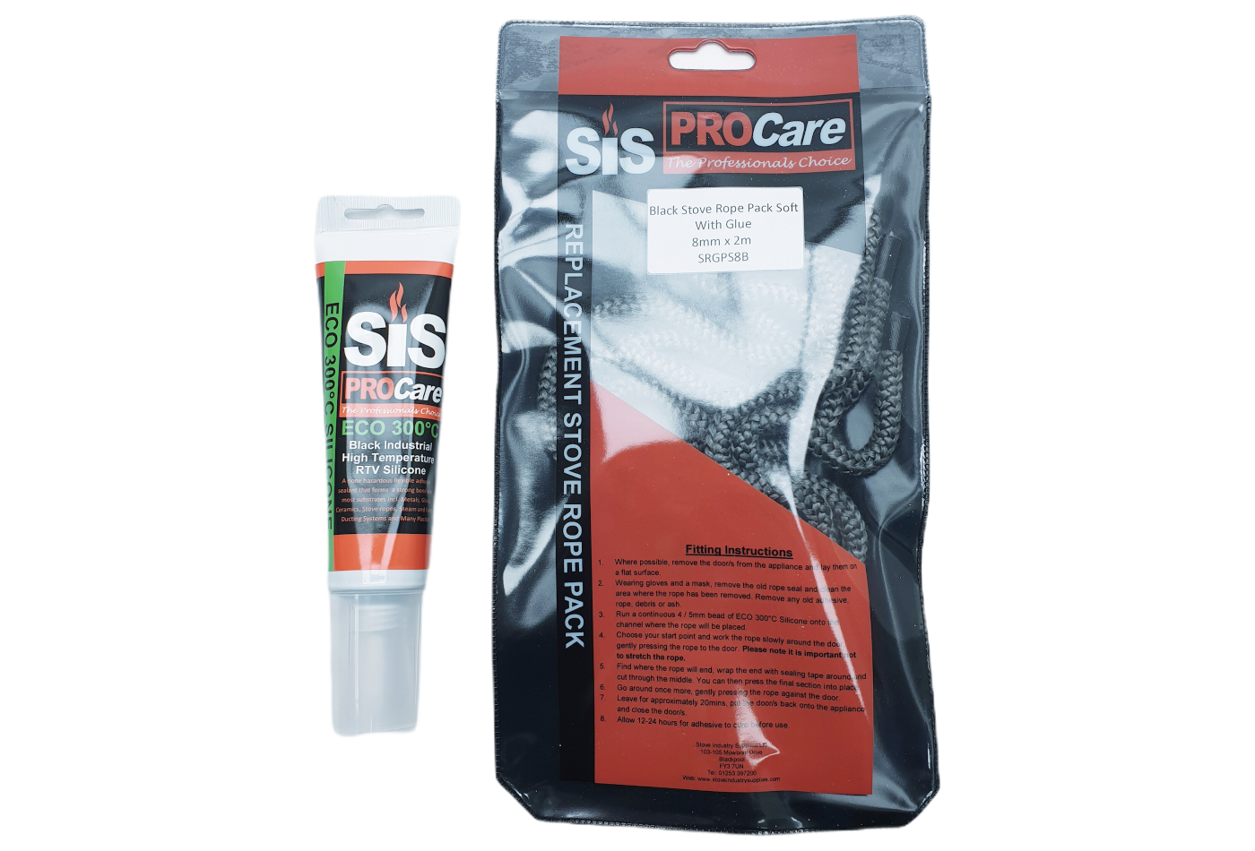 SiS Procare Black 8 milimetre x 2 metre Soft Stove Rope & 80 millilitre Rope Glue Pack - product code SRGPS8B