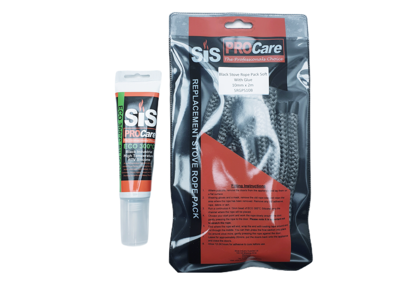 SiS Procare Black 10 milimetre x 2 metre Black Soft Stove Rope & 80 millilitre Rope Glue Pack