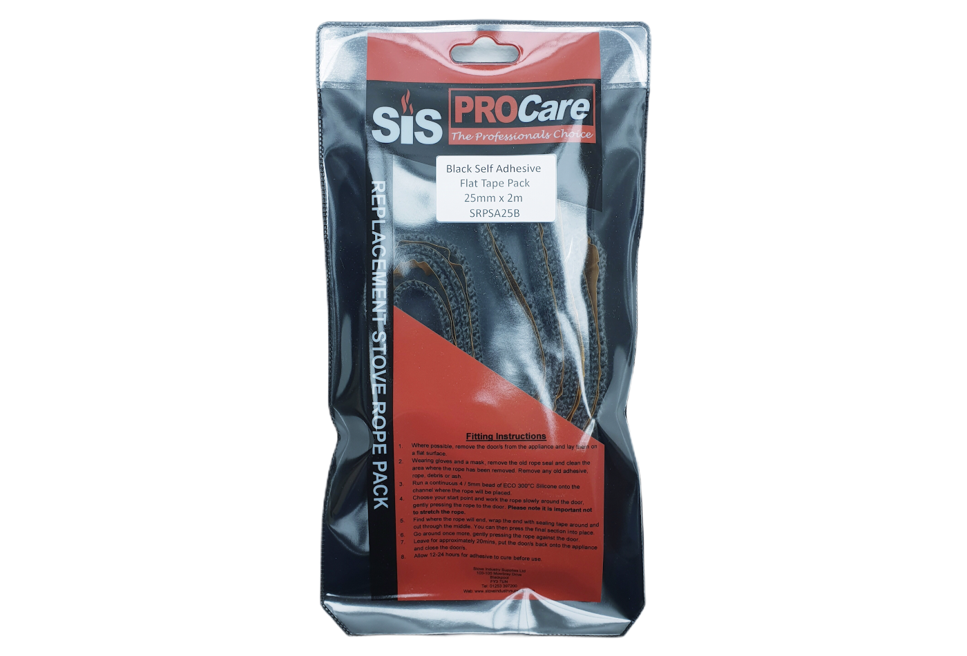 SiS Procare Black 25 metrem x 2 metre Self Adhesive Flat Rope Tape Pack - product code SRPSA25B