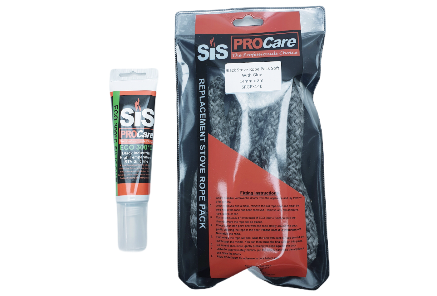 SiS Procare Black 14 milimetre x 2 metre Black Soft Stove Rope & 80 millilitre Rope Glue Pack - product code SRGPS14B