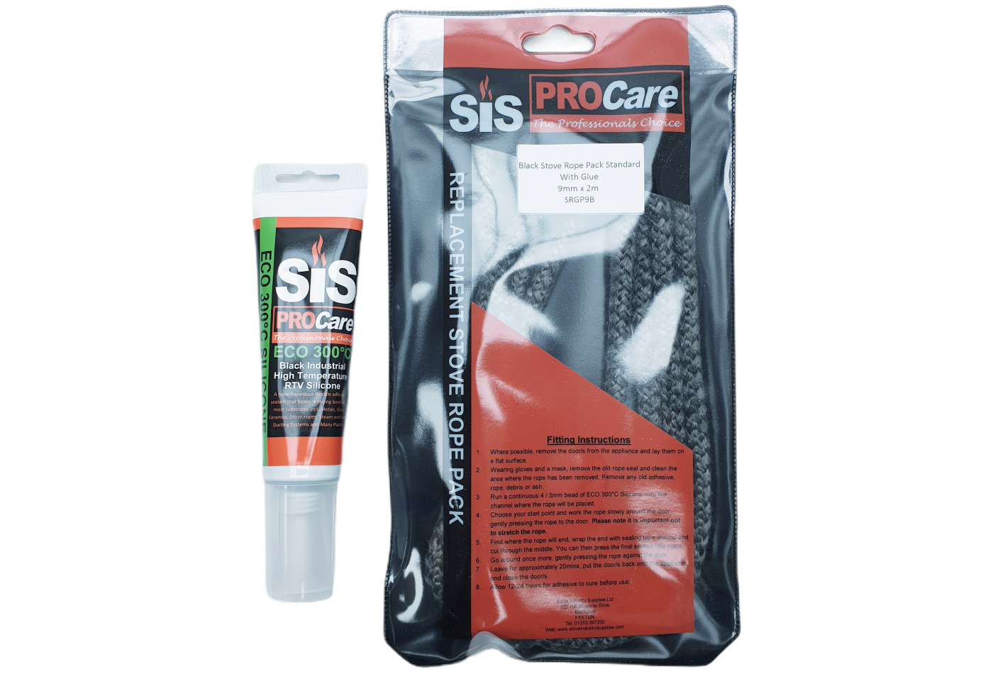 SiS Procare Black 9 milimetre x 2 metre Black Standard Stove Rope & 80 millilitre Rope Glue Pack - product code SRGP9B
