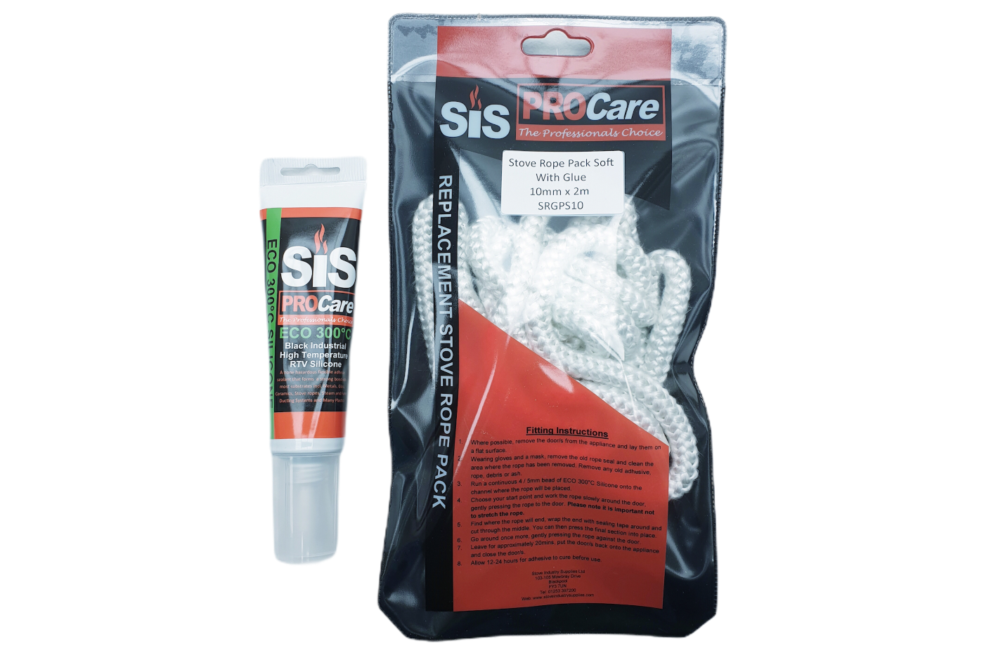 SiS Procare White 10 milimetre x 2 metre Soft Stove Rope & 80 millilitre Rope Glue Pack - product code SRGPS10