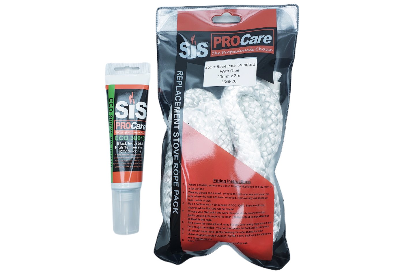 SiS Procare White 20 milimetre x 2 metre Standard Stove Rope & 80 millilitre Rope Glue Pack - product code SRGP20