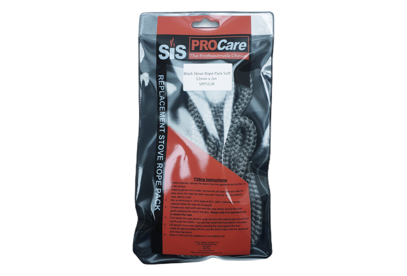SiS Procare Black 12 milimetre x 2 metre Soft Stove Rope Pack - product code SRPS12B