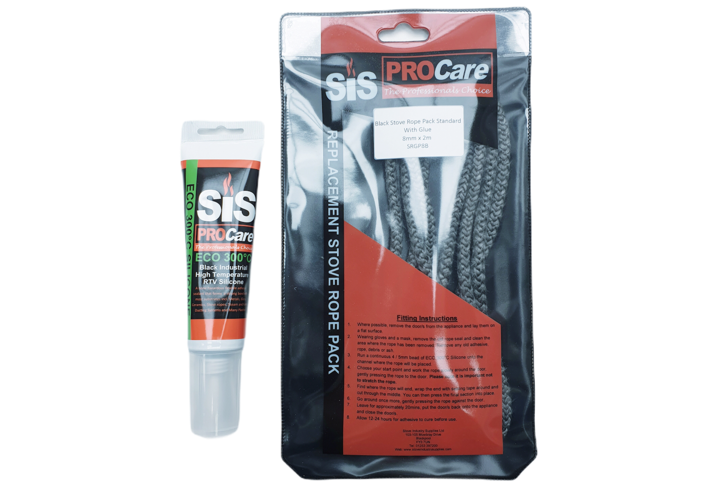 SiS Procare Black 8 milimetre x 2 metre Black Standard Stove Rope & 80 millilitre Rope Glue Pack - product code SRGP8B