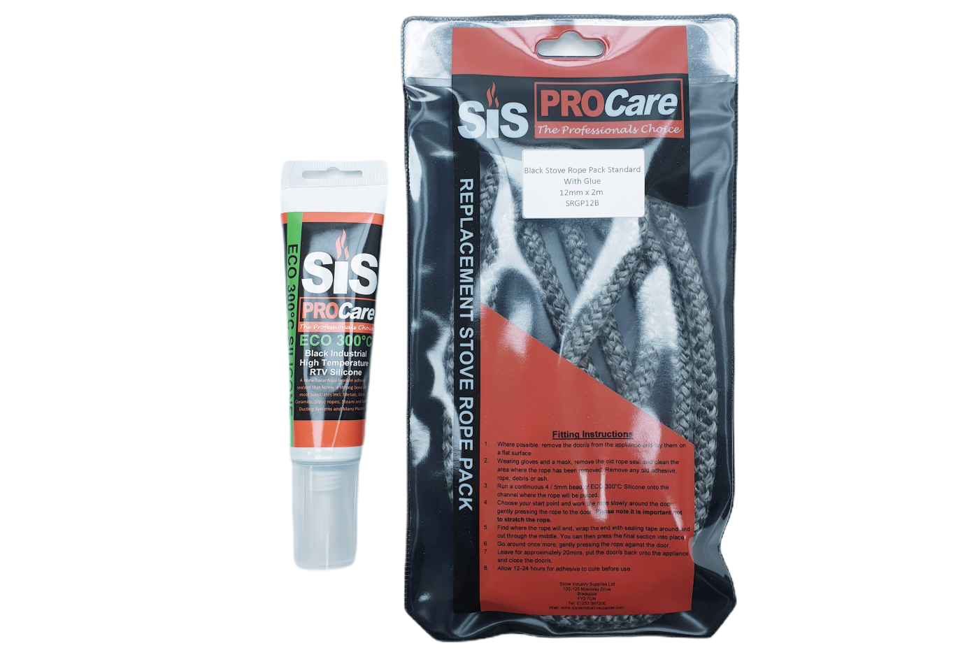 SiS Procare Black 12 milimetre x 2 metre Black Standard Stove Rope & 80 millilitre Rope Glue Pack - product code SRGP12B