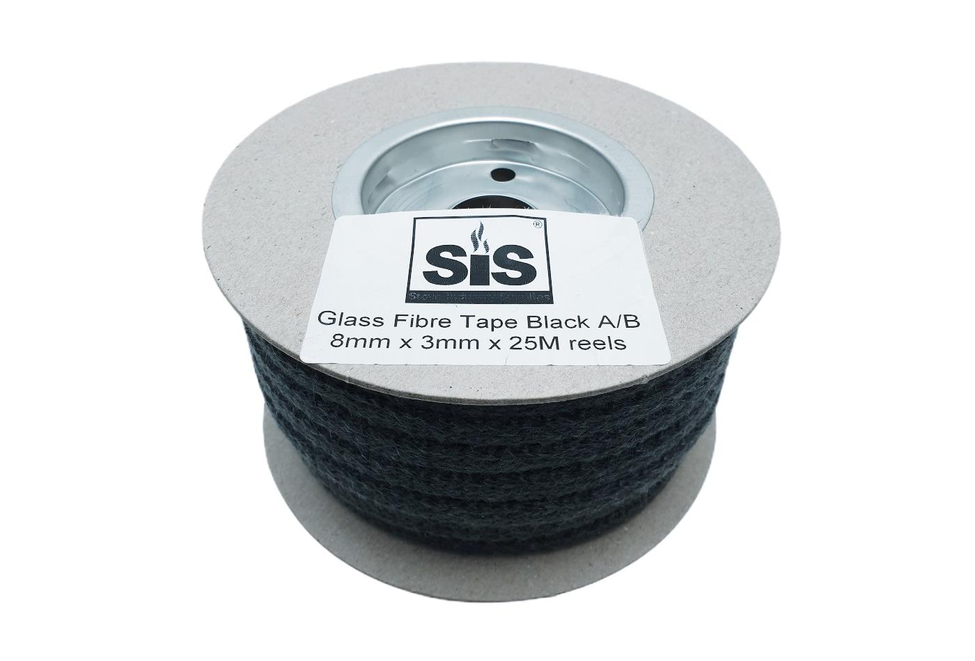 A 25 metre reel of of black 8mm x 3mm self-adhesive backed stove rope tape - product code RSA825b