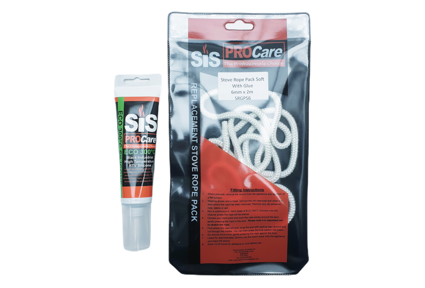 SiS Procare White 6 milimetre x 2 metre Soft Stove Rope & 80 millilitre Rope Glue Pack - product code SRGPS6