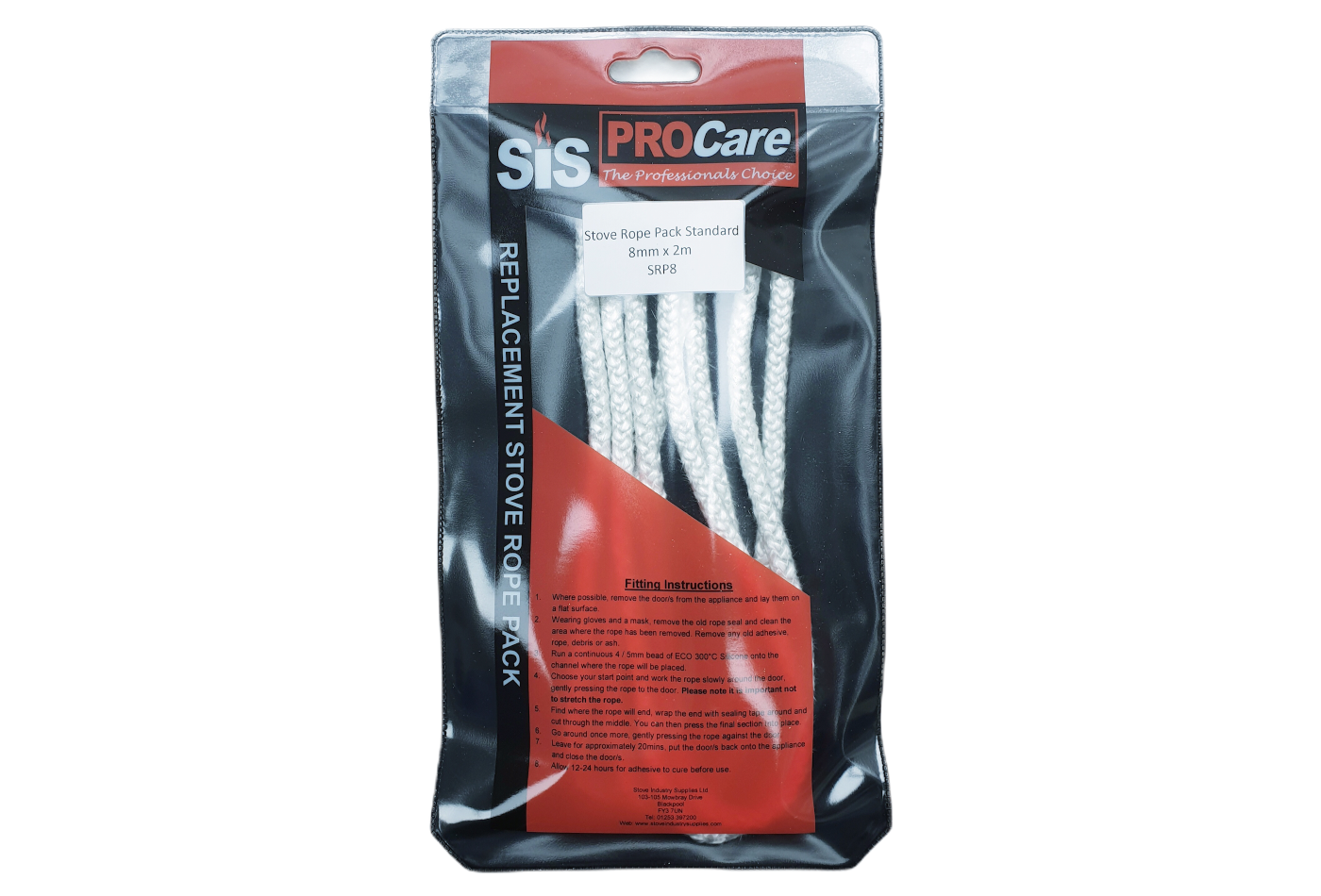 SiS Procare White 8 milimetre x 2 metre Standard Stove Rope Pack - product code SRP8