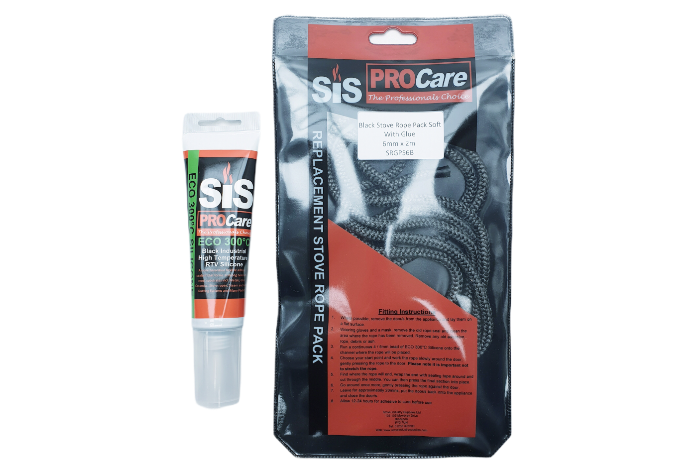 SiS Procare Black 6 milimetre x 2 metre Black Soft Stove Rope & 80 millilitre Rope Glue Pack - product code SRGPS6B